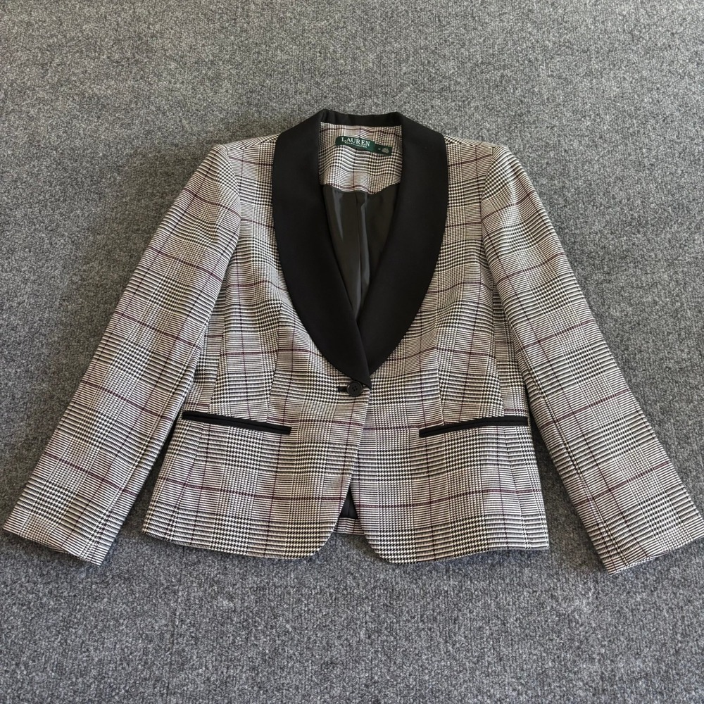 Lauren Ralph Lauren Womens 14 Plaid Shawl Collar Blazer Jacket Black White Red